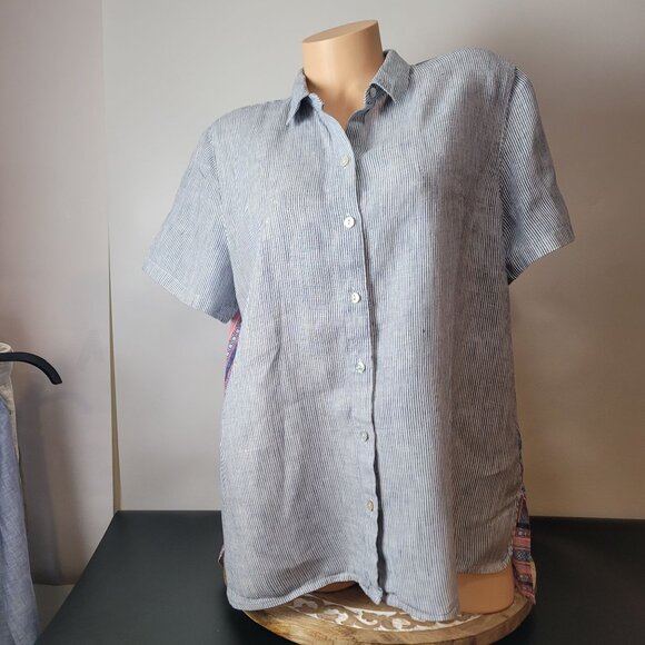 J.Jill Womens Striped Linen Blend Button-Up Short Sleeve Shirt With Floral & Geo - Picture 8 of 16